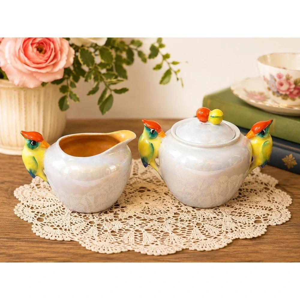 VTG Lustreware Colorful Bird Cream & Sugar Set Japan Iridescent porcelain china